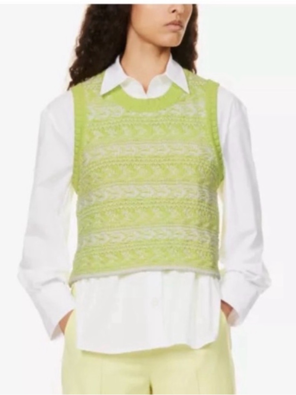 🆕ME + EM Chunky Knit Vest Lime Green Sherbert & White Sz S
